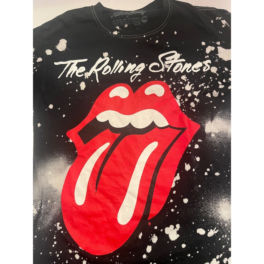 Rolling Stones Bleach Splatter Graphic T-Shirt Black Red Tongue Logo Small